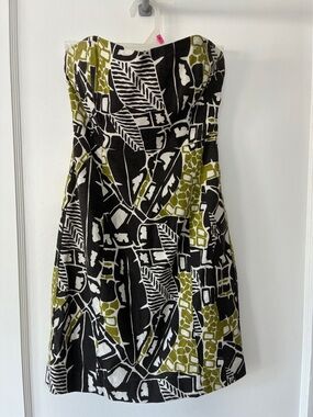 Banana Republic Strapless Black, White & Olive Print Linen Cotton Dress